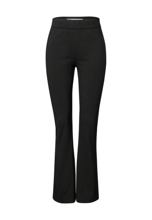 Pantaloni neri a campana realizzati in tessuto elasticizzato. Vita alta, texture liscia e senza cuciture visibili o motivi aggiuntivi.