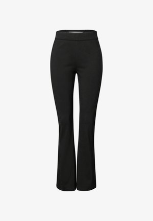 Black flared pants made from stretchy fabric. High waistband, smooth texture, and no visible seams or additional patterns.