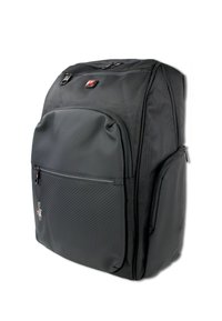 Zwarte rugzak met een getextureerde, duurzame buitenkant, voorzien van een voorvak met rits en zijvakken. Heeft metalen ritsen en een logo-embleem.