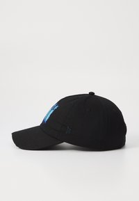 Black cap with a curved brim, featuring blue embroidered accents and visible stitching details. Made from cotton with a structured shape.