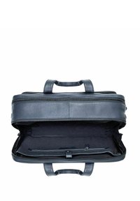 Ciemnoniebieska skórzana teczka z podwójnymi uchwytami, zamknięciem na zamek i przestronnym, niezaplecionym wnętrzem z kieszonką na zsuły oraz miejscem na długopis.