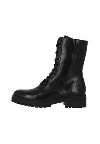 Bota de combate de cuero negro con puntera redondeada, cordones en la parte delantera, cremallera lateral, suela texturizada y logo embosado en el tobillo exterior.