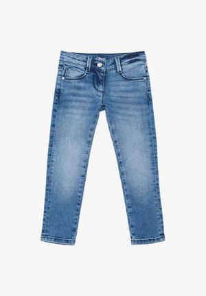 Blauwe spijkerbroek met een klassieke rechte snit, voorzien van twee voorzakken, een knoopsluiting en een lichte vervaging voor textuur.