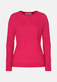Fuchsia Pullover aus strukturiertem Strickstoff, mit langen Ärmeln, Rundhalsausschnitt und schmaler Passform. Keine sichtbaren Muster oder Beschläge.