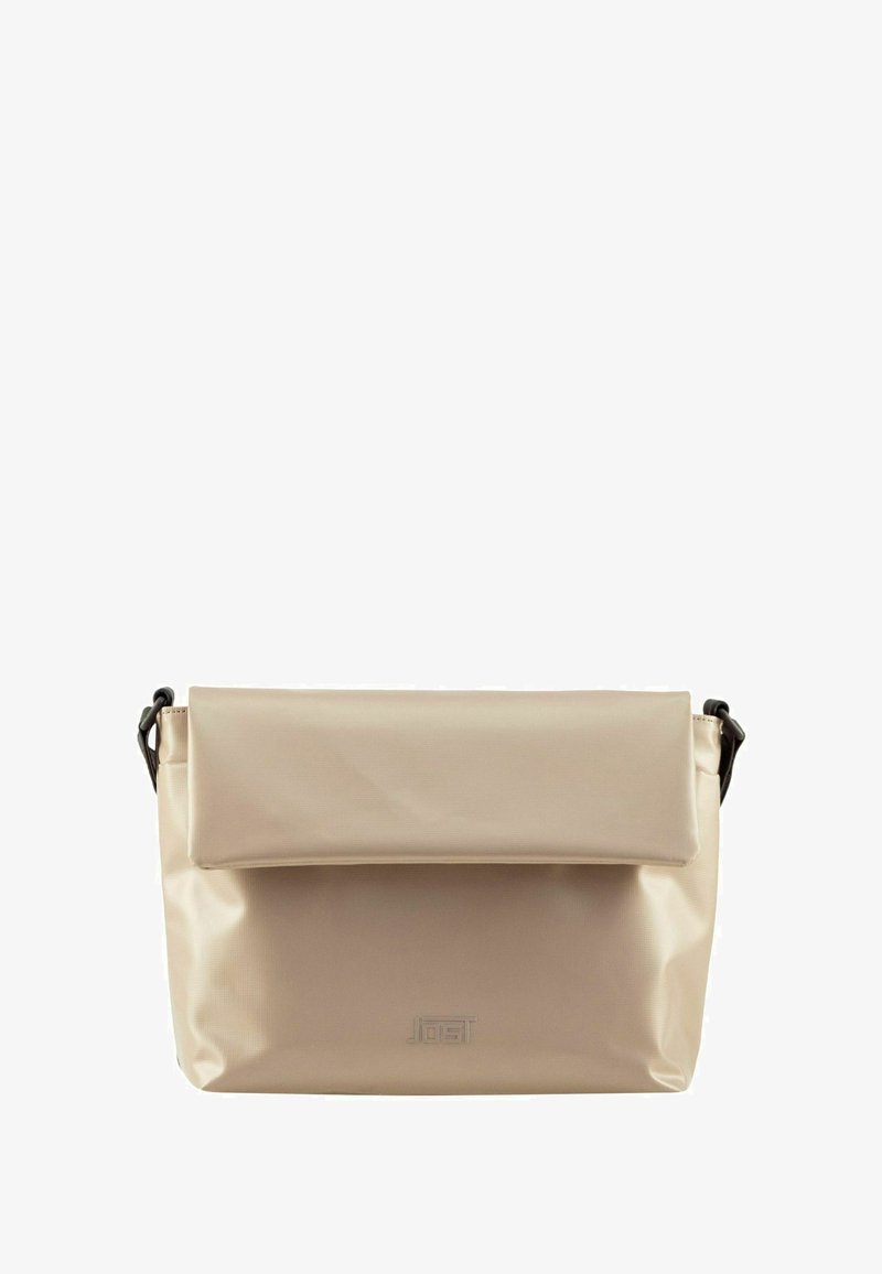 Borsa a tracolla beige, pieghevole, realizzata in materiale liscio e resistente; presenta una tracolla nera e un logo impresso sul fronte.