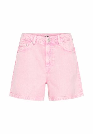 Pink denim shorts with front button, zipper, belt loops, and pockets, displayed on a white background.