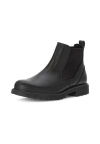 Zwarte leren enkelboots met elastische zijpanelen, ronde neus en textuurrubberzool. Gladde afwerking met minimale details.
