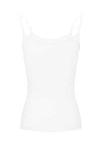 Camiseta sin mangas blanca con tirantes finos ajustables, diseño sin costuras, textura suave y silueta ajustada. Sin patrones ni acentos notables.