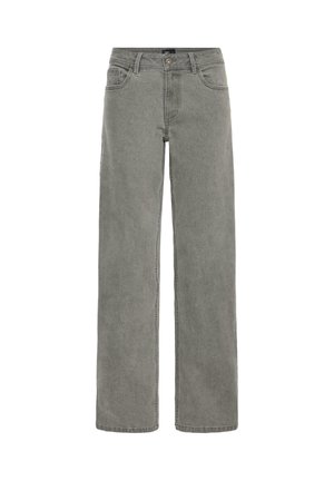 Jeanși din denim gri cu un design cu picior drept, stil cu cinci buzunare și închidere cu nasture. Materialul are o textură netedă cu o ușoară decolorare.