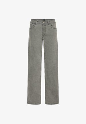 Sivé deninové džínsy s rovnými nohavicami, päť vreckami a zapínaním na gombík. Tkanina má hladkú textúru s miernym vyblednutím.