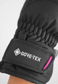 Gant noir isolé avec un design matelassé, logo GORE-TEX sur la sangle du poignet, et un accent rose sur la fermeture.