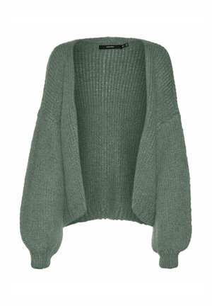 Zeleni pleteni kardigan širokog kroja s teksturiranim uzorkom, spuštenim ramenima i rebrastim manžetnama. Dizajn s otvorenim prednjim dijelom, srednje dužine, od laganog materijala.