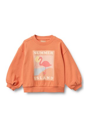 Korallfarget genser med avslappet passform, med puffermed ermer og et frontmotiv av en rosa flamingo, sol og teksten "SUMMER ISLAND".