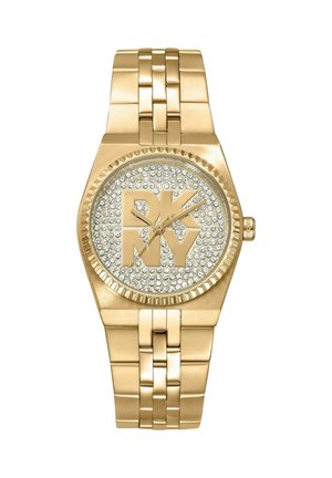 Gold-tone DKNY wristwatch with crystal-studded dial, large DKNY logo, three hands, and linked metal bracelet band.
