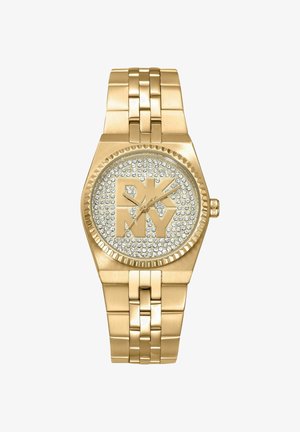 Goldfarbene DKNY-Armbanduhr mit kristallbesetztem Zifferblatt, großem DKNY-Logo, drei Zeigern und Gliederarmband aus Metall.