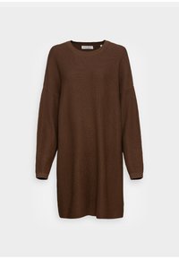 Brun ribbad klänning i sweatermodell med rund halsringning och långa ärmar. Har en avslappnad passform och textil med struktur för värme.