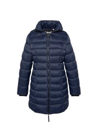 Chaqueta larga de plumas azul marino con quilting horizontal, cierre frontal, cuello alto y mangas largas con puños de canalé.
