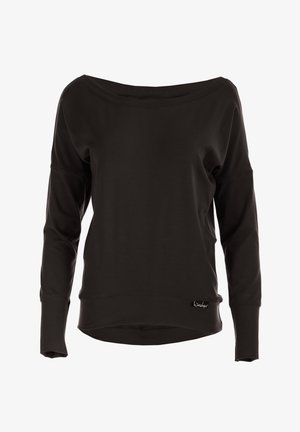 Schwarzes, schulterfreies Sweatshirt mit langen Ärmeln, aus weichem Material gefertigt, mit rundem Halsausschnitt und genähtem Saum, mit einem kleinen Logo am unteren Ende.