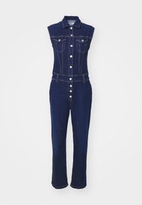 Combinaison en denim bleu foncé avec un buste ajusté, sans manches, fermeture à boutons sur le devant, et jambes droites avec un léger effilochage au bas.