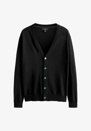 Cardigan noir en matériau doux, avec un col en V, des manches longues et une fermeture à bouton sur le devant à six boutons. Poignets et ourlet côtelés.