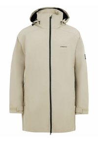 Giacca impermeabile beige con colletto alto, cappuccio regolabile, zip frontale, tasche laterali e dettagli neri. Tessuto liscio e leggero.