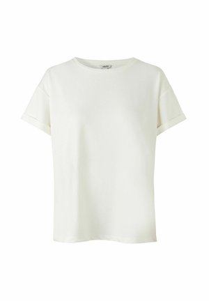 Vit t-shirt med kort ärm i mjukt material, med rund halsringning och uppvikta ärmslut. Enkelt design utan mönster eller dekorationer.