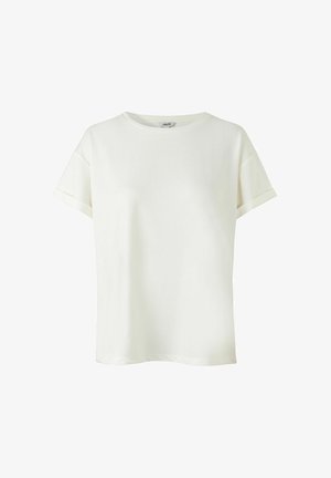 Bílý krátký rukáv tričko z měkkého materiálu, s kulatým výstřihem a srolovanými manžetami. Jednoduchý design bez vzorů nebo dekorací.