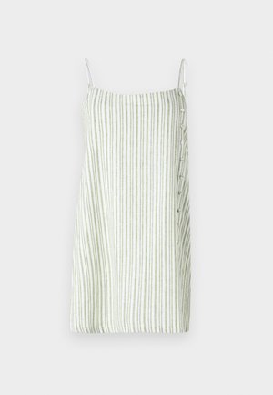 Abito a righe senza maniche in bianco e verde, caratterizzato da una silhouette dritta, una texture simile al lino e dettagli con bottoni sul lato.