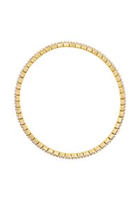 Gouden ketting met vierkante schakels en afwisselend heldere stenen, cirkelvormig ontwerp, gepolijste afwerking, zelfs ruimte tussen de accenten.