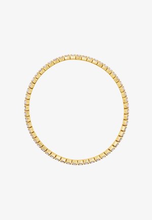 Collar de tono dorado con eslabones cuadrados y piedras transparentes alternas, diseño circular, acabado pulido, espaciado uniforme de los acentos.