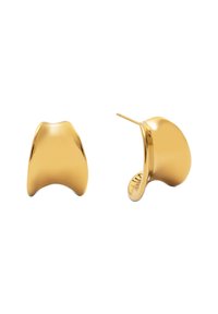 Pendientes en tono dorado con forma abstracta y acabado suave y brillante; con un diseño curvado y un pequeño pasador para asegurar.