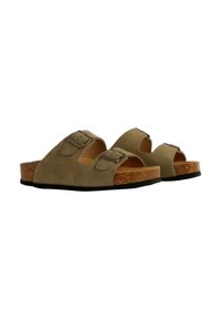 Sandali in suede verde oliva, dotati di due cinghie regolabili con fibbie, un plantare in sughero e una suola in gomma nera.