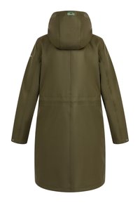 Olivgrön vattentät jacka med huva, långa ärmar och rak skärning. Har sömnadsdetaljer och tryckknappar vid ärmsluten.