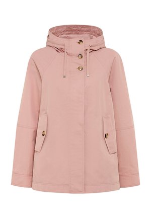 Light pink hooded jacket with front button closure, drawstring hood, and flap pockets with buttons on each side.