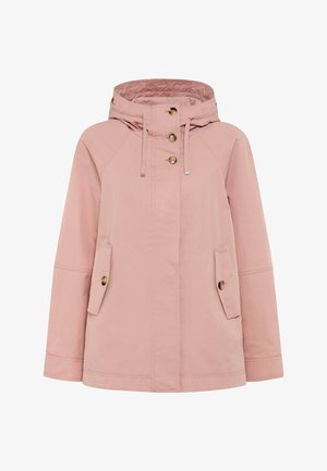 Light pink hooded jacket with front button closure, drawstring hood, and flap pockets with buttons on each side.