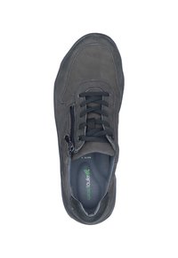 Dark gray suede sneaker with a round toe, lace-up front, and zippered side closure. Features a cushioned insole and smooth rubber outsole.