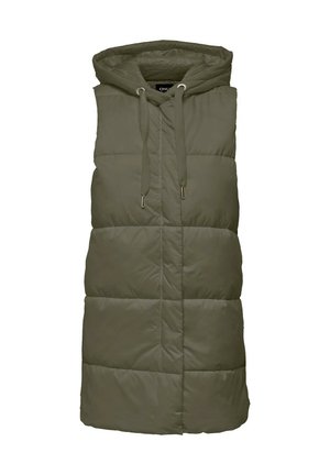 Długa oliwkowozielona pikowana bezrękawnikowa kamizelka z kapturem i przednimi sznurkami do regulacji, zaprojektowana z myślą o ciepłe i codziennym noszeniu.