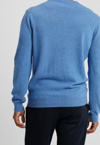 Man som bär en långärmad ljusblå tröja och svarta byxor, sedd bakifrån mot en enkel ljus bakgrund.