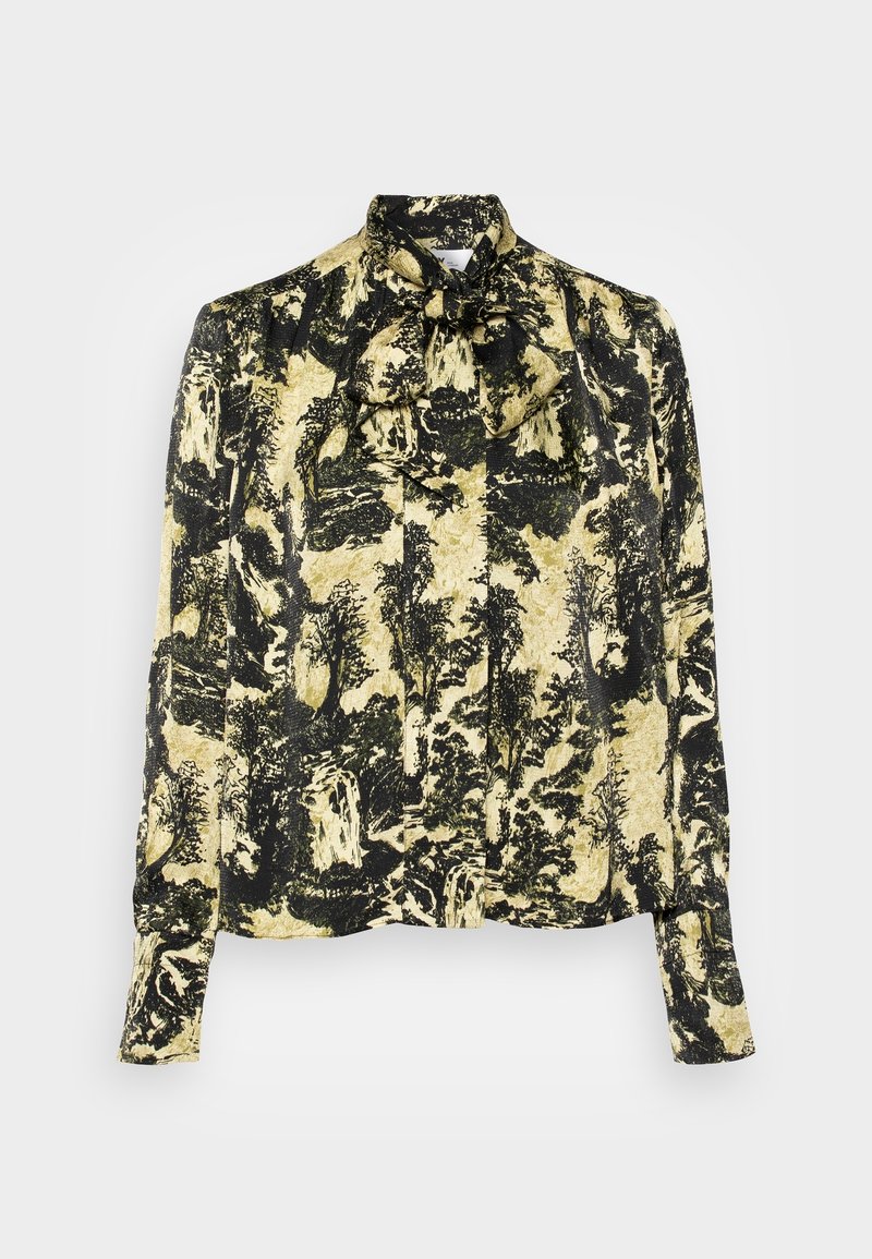 Pitkähihaine blouse, jossa on musta ja kultainen metsänkuvio, korkeakauluksellinen ja nauhakoristeellinen. Suorapintainen kangas, jossa on hieman teksturoitu pinta.