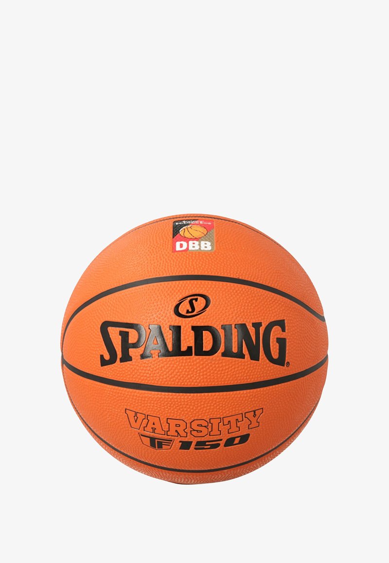 Pallacanestro varsity Spalding, esterno in gomma arancione, superficie testurizzata, marchio e strisce nere stampate, etichettata con logo e dettagli del modello.