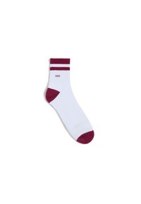 Weißer Sportsocke mit burgunderfarbenen Akzenten, ausgestattet mit einem gerippten Bund und zwei horizontalen Streifen an der Oberseite. Mit Logo "VANS" an der Seite.