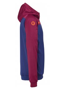 Veste à capuche avec un corps bleu et des manches bordeaux, fabriquée dans un matériau lisse avec un logo orange sur le haut du bras.