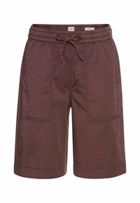 Bordeaux shorts met een elastische tailleband en koord. Voorzien van twee frontzakken en een opgerolde zoom aan de onderkant. Gemaakt van lichtgewicht stof.