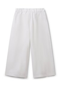 Weiße, weit geschnittene Hosen aus leichtem Material mit einem elastischen Bund und geradem Saum. Glatte Textur ohne Muster oder Akzente.