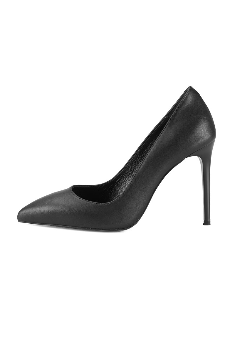Escarpin stiletto noir en cuir à talons hauts avec un bout pointu et une silhouette élancée, présenté de côté droit sur un fond blanc.