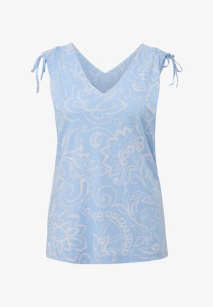 Débardeur bleu clair sans manches avec un col en V, orné de motifs floraux blancs et de liens ajustables aux épaules. Tissu doux au toucher.