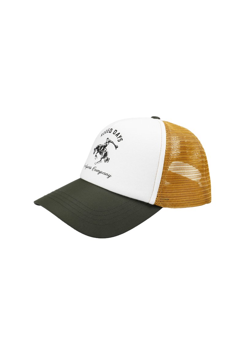 Gorra de camionero de malla blanca y mostaza con visera verde oscuro, que presenta un gráfico de un jinete de rodeo en negro y el texto "Días de Rodeo" en el panel frontal.