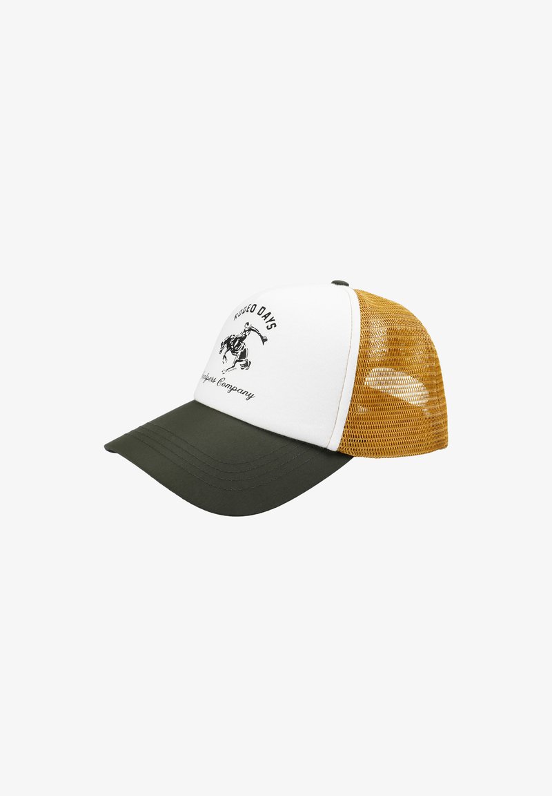 Gorra de camionero de malla blanca y mostaza con visera verde oscuro, que presenta un gráfico de un jinete de rodeo en negro y el texto "Días de Rodeo" en el panel frontal.