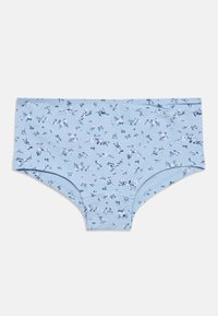 Culottes en coton bleu clair avec un motif floral violet et bleu foncé. Dotées d'une ceinture douce et d'une texture lisse.