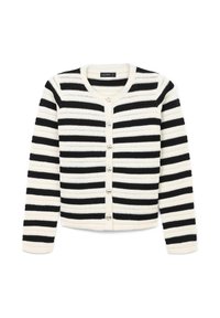 Black and white striped cardigan with a button closure, round neckline, and ribbed texture. Made of knit fabric.